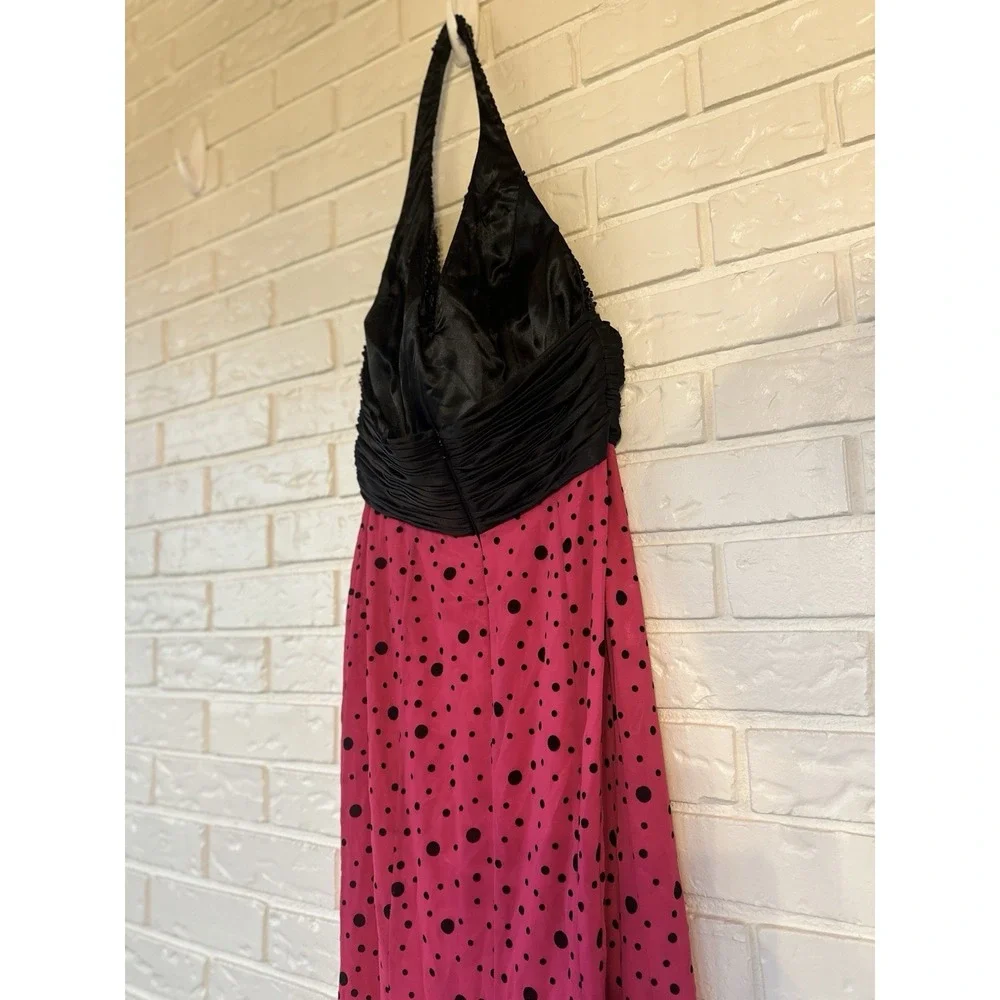 Tiffany Designs Size 10 Hot Pink Black Polka Dot‎ Beaded Halter Prom Gown Y2K